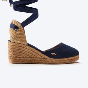 Tan and Blue Espadrille Wedge Sandals with Ankle Wrap